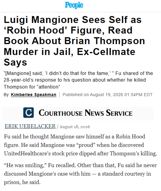 Luigi_Archive's tweet photo. Gossip outlets are once again posting false rumors, claiming that according to a former inmate, Linus Fu, Luigi saw himself as 'Robin Hood' figure. However, Fu said he saw Luigi as "Robin Hood..a typical American Hero" not the other way around,adding "American media are horrible" https://t.co/RPUwN9Z5fF