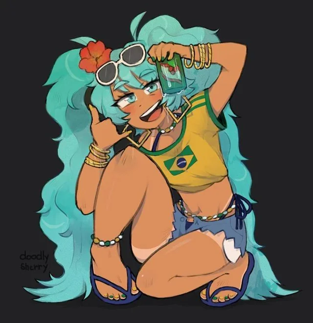 Neak642348's tweet photo. @cuntyuke @xdfitz_ @secretlynxiez Are you dumb? Brazilian Miku is literally just Miku, but tanned and in a Brazil fit. This character doesn't look like Miku precisely because she has a BUNCH of features that are totally different from the original Miku. https://t.co/QSqC2rlgkK
