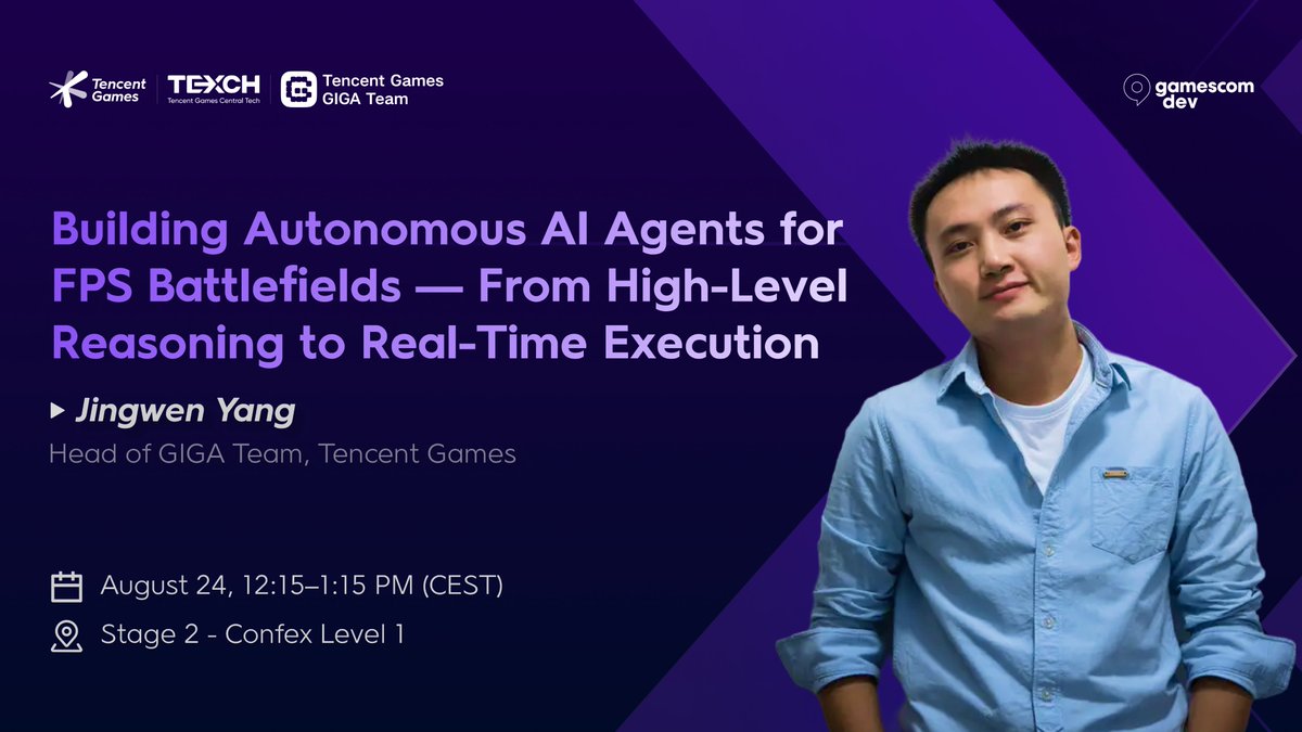 TG_CentralTech's tweet photo. 🤖 Building an AI agent that understands a battlefield is only the beginning. The harder part is getting it to act.

At #gamescomdev, Jingwen Yang, Head of Tencent Games GIGA Team, will present:

"Building Autonomous AI Agents for FPS Battlefields — From High-Level Reasoning to Real-Time Execution"

Expect a look at natural-language instructions, tactical reasoning, real-time decisions, and player-agent collaboration.

📅 Aug 24 | 12:15–1:15 PM CEST
📍 Stage 2, Confex Level 1

See you there!

#GIGA #TencentGamesCentralTech #TencentGames #gamescomdev #GameAI