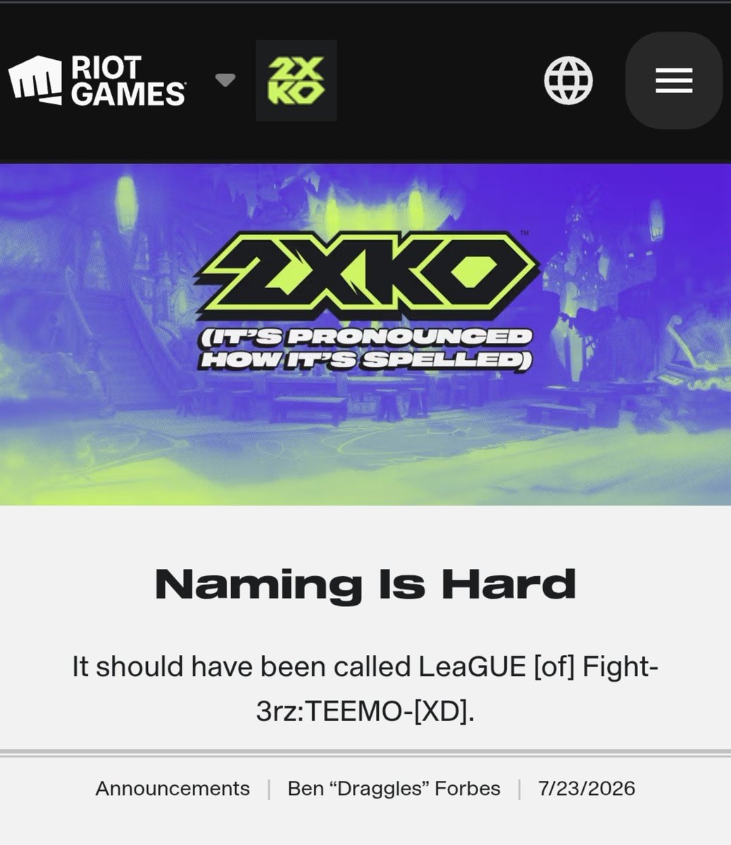 Jolene_Donuts's tweet photo. I think the funniest thing about this whole debacle is that they made fun of Uni in the article assuring everyone that the name 2xko was great actually, only for the current patch of uni to last longer than 2xko (where is Zohar Kamone?) https://t.co/W8VQp4CJqO