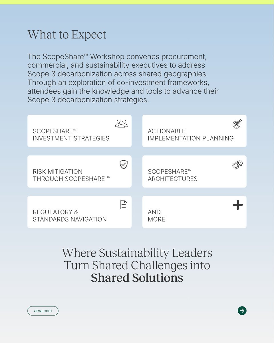 ArvaIntel's tweet photo. This #ClimateWeekNYC, Arva is bringing together a curated group of sustainability, procurement, and operations leaders for our premier event: The ScopeShare™ Workshop.

The ScopeShare™ Workshop convenes procurement, commercial, and sustainability executives to address Scope 3 decarbonization across shared geographies. 

Through an exploration of co-investment frameworks, attendees gain the knowledge and tools to advance their Scope 3 decarbonization strategies.

You will hear directly from leaders across the supply chain, dig into real case studies, and explore what a  ScopeShare™ program could look like. And when the working day wraps, we will take the conversation upstairs for a rooftop social hour overlooking NYC. 

Where: New York City
When: Thursday, September 24, 2026

Space is intentionally limited. If you're working on Scope 3, sustainable sourcing, regenerative agriculture, or supply-chain decarbonization, request your spot today: https://t.co/QwvMfEhgmX

#ClimateWeekNYC #Scope3 #RegenerativeAgriculture #SupplyChain #Sustainability #ClimateAction #NYCW2026 #Arva