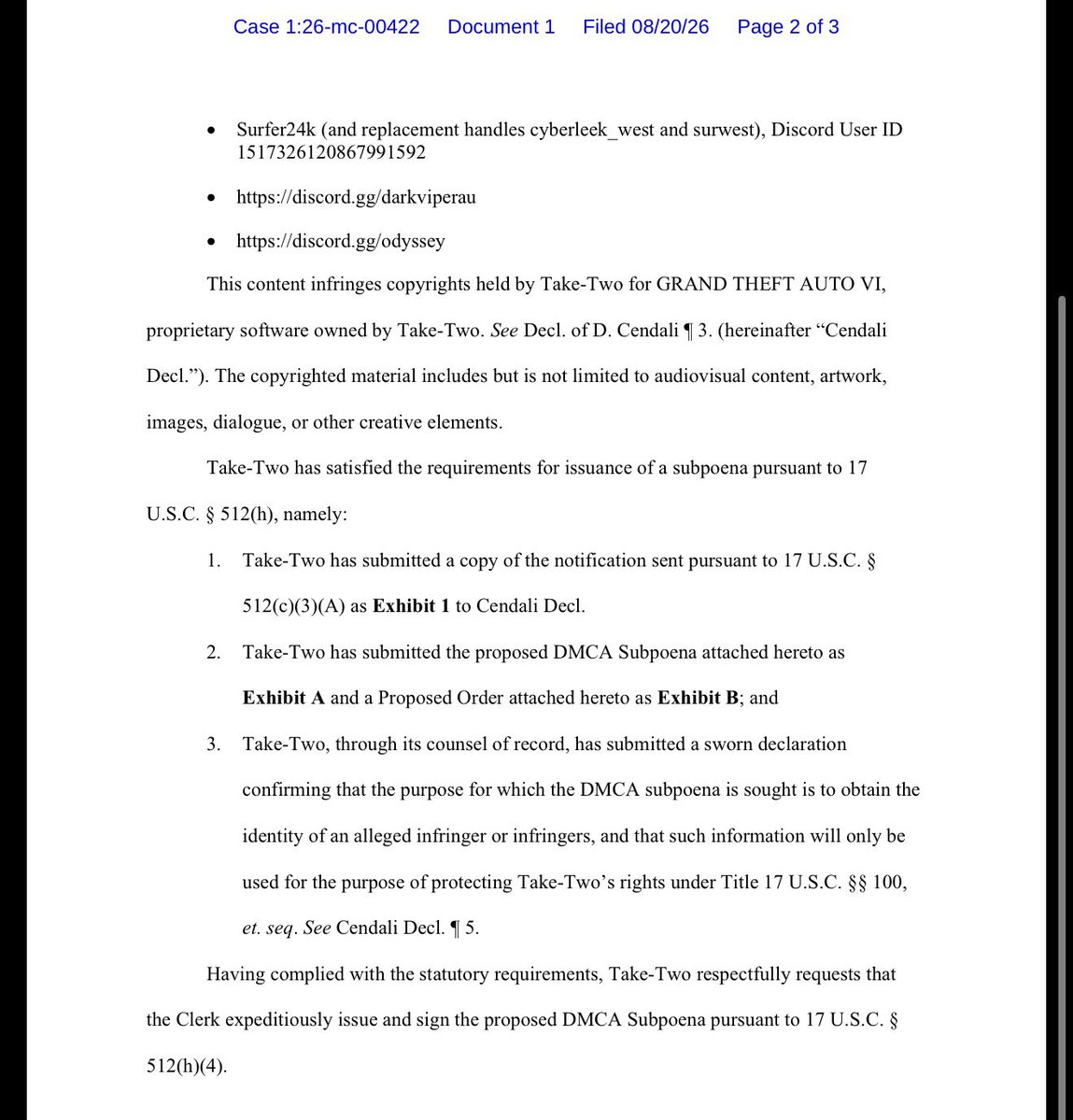 videotech's tweet photo. Here’s the full Cyberleek subpoena document from Take-Two (via @defaultusert)

Source:
https://t.co/FyDWSBEJYe https://t.co/u9uTFUpUcF