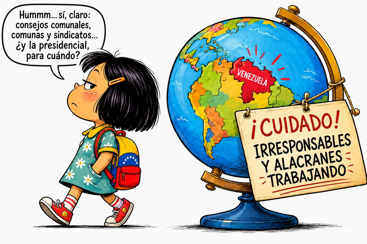 elhabito's tweet photo. ©️ Por respeto a los derechos de autor de Quino y Mafalda, no reproduje aquella viñeta clásica que muchos conocemos. La IA me ayudó a crear nuestra propia versión venezolana. Mientras 🇻🇪 sigue esperando poder elegir a su presidente, algunos parecen muy ocupados organizando las comunas. La imagen se explica sola.