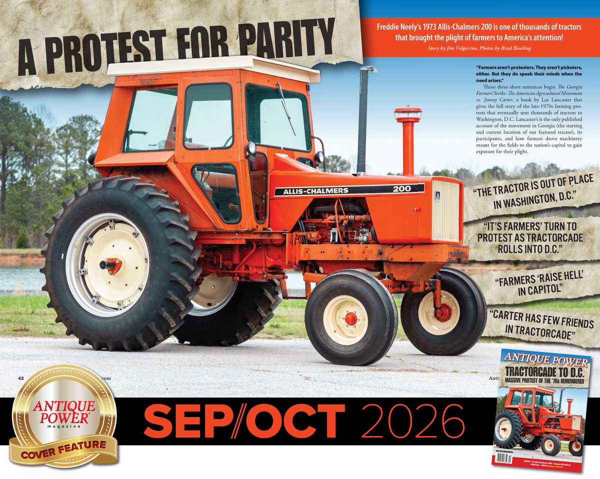 antique_power's tweet photo. Ever remember when thousands of tractors invaded D.C. in the '70s? 🚜🇺🇸

Our new cover feature dives into "A Protest for Parity" &amp; Freddie Neely’s 1973 Allis-Chalmers 200—a real veteran of the American Agriculture Movement! 🌾🔥

#Tractorcade #AllisChalmers #AgHistory https://t.co/7ru4vooOlw
