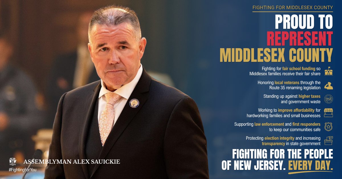 AlexSauickie's tweet photo. Middlesex County deserves a strong voice in Trenton—and I’m proud to be that voice.

From fighting for fair school funding to standing up for taxpayers, seniors, veterans, law enforcement, and election integrity, I’ll keep fighting for Middlesex County every day.
#FightingForYou https://t.co/lOKD0Yadpv
