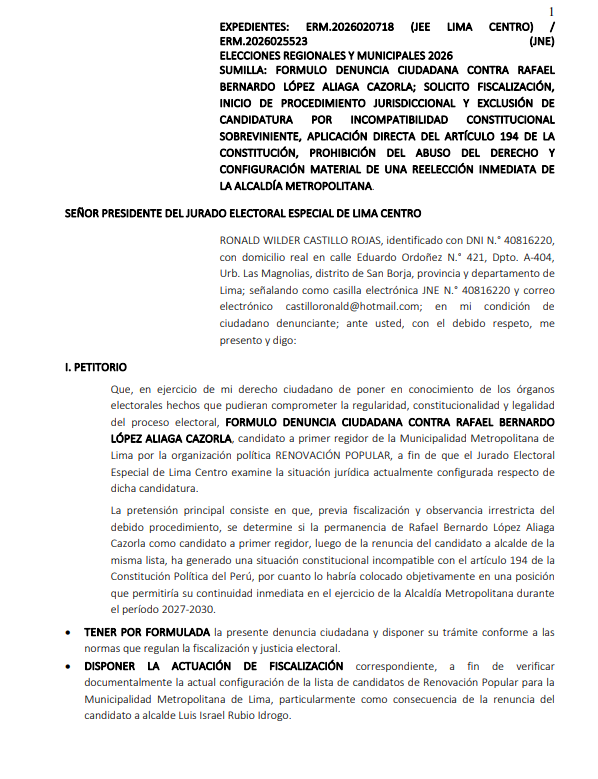 jesusverdeL's tweet photo. #ÚLTIMO: Presentan ante el pleno del Jurado Electoral Especial Lima Centro denuncia ciudadana contra la candidatura de Rafael López Aliaga y solicitan su exclusión. https://t.co/dUFfCoYIY6