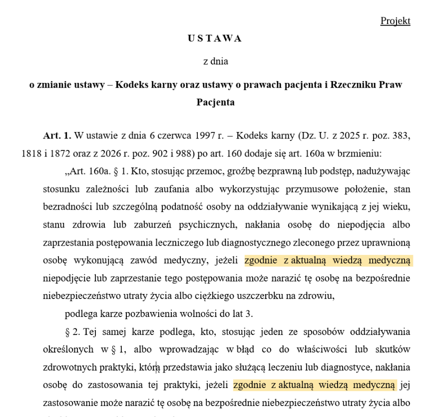 jan_czura's tweet photo. To jest lex Zięba  :))) Serio! 

Zaryzykuje stwierdzenie: na podstawie tych przepisów, tak napisanych, nigdy żaden sąd nie ukarałby żadnego szarlatana! ŻADNEGO!  

Nie mówiąc już o tym, że utrudni to ich ściganie z art 58 ustawy o zawodzie lekarza. 

A jak w dyskusji przeciwnicy lex szarlatan grzmieli, że odwołuje się do klauzuli generalnej "aktualnej wiedzy medycznej", to w jednostronnicowym projekcie prezydenta użyto tego zwrotu dwa razy! :))) 

Nie mówiąc już o tym, że par 7 sprawia, że ściganie jest praktycznie niewykonalne. Przecież każdy tylko informował, prawda?  Zięba już dziś może bezkarnie mówić, że zawał zatrzymujemy wykałaczką, a w projekcie prezydenta ma to jeszcze zagwarantowane ustawowo :) 

#lexzieba