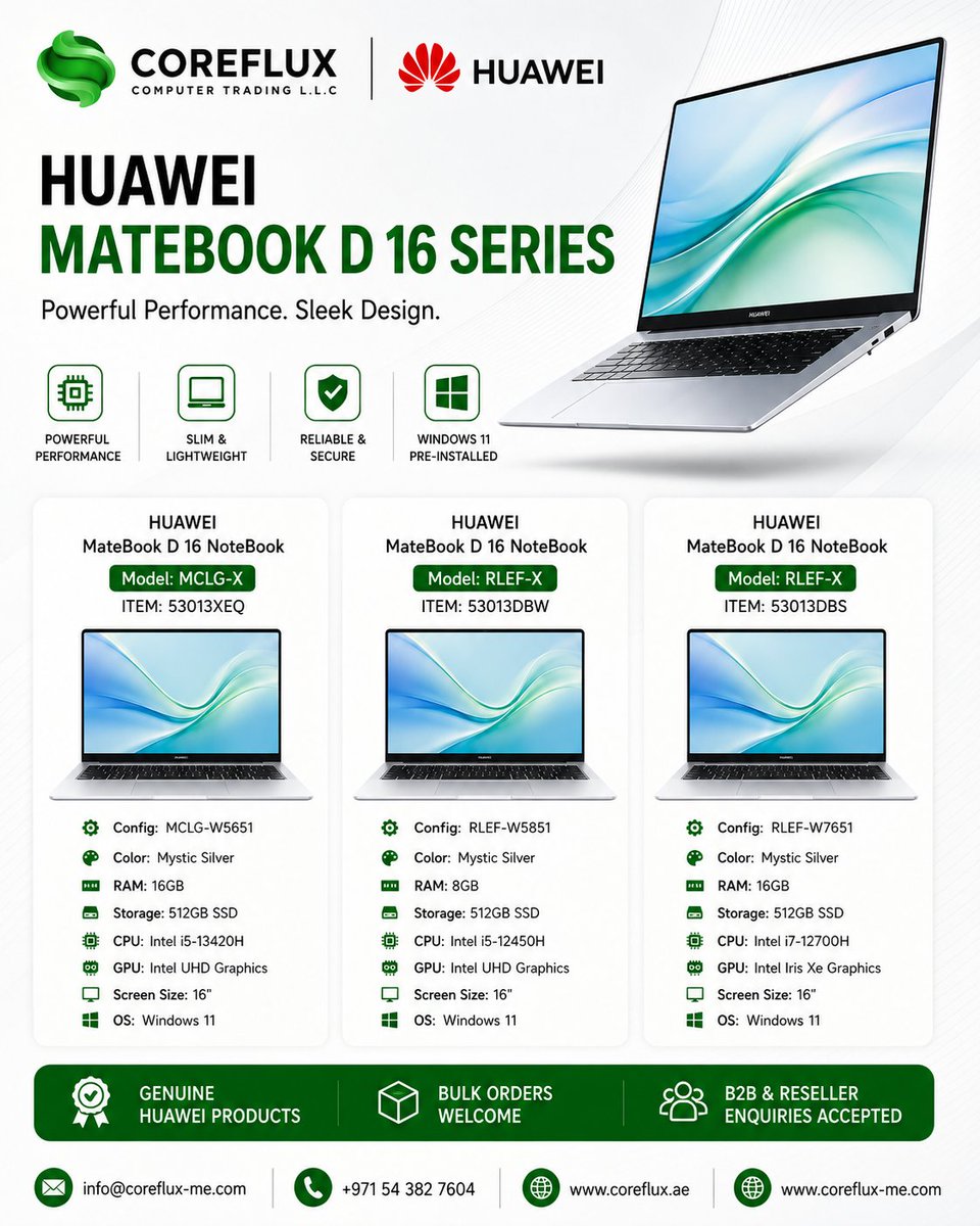 CorefluxLLC's tweet photo. Level up your productivity with the HUAWEI MateBook D 14 Series! π»β¨Looking for the ultimate balance of powerful performance and sleek, lightweight design? #Huawei #MateBookD14 #LaptopLife #TechReview #Coreflux #Windows11 #IntelCore #ProductivityTools #TechInspiration https://t.co/guliVafA6A