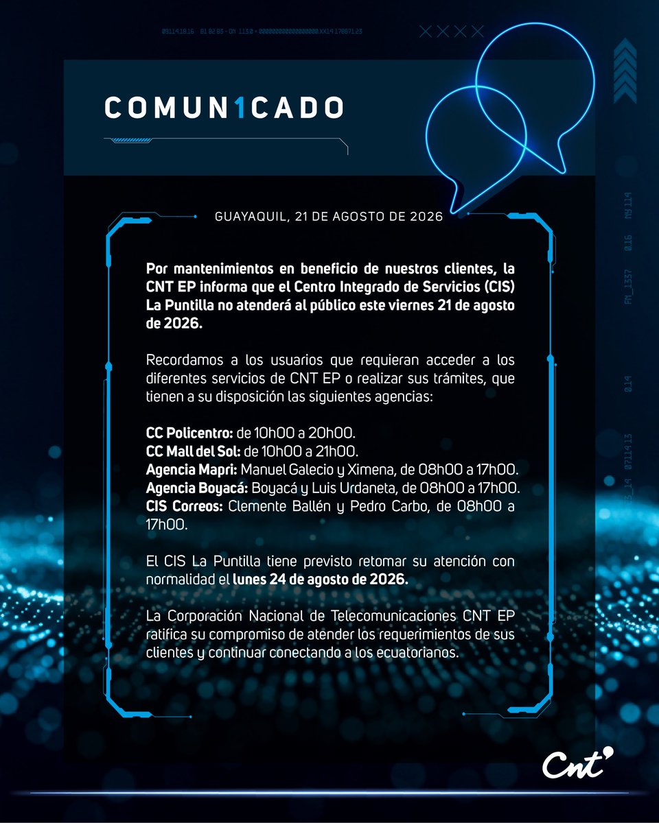CNTinforma's tweet photo. Debido a trabajos de mantenimiento, el CIS La Puntilla hoy no atenderá al público.

Conoce las agencias a las que puedes acudir: ⬇️ https://t.co/SLoIXMCyYs