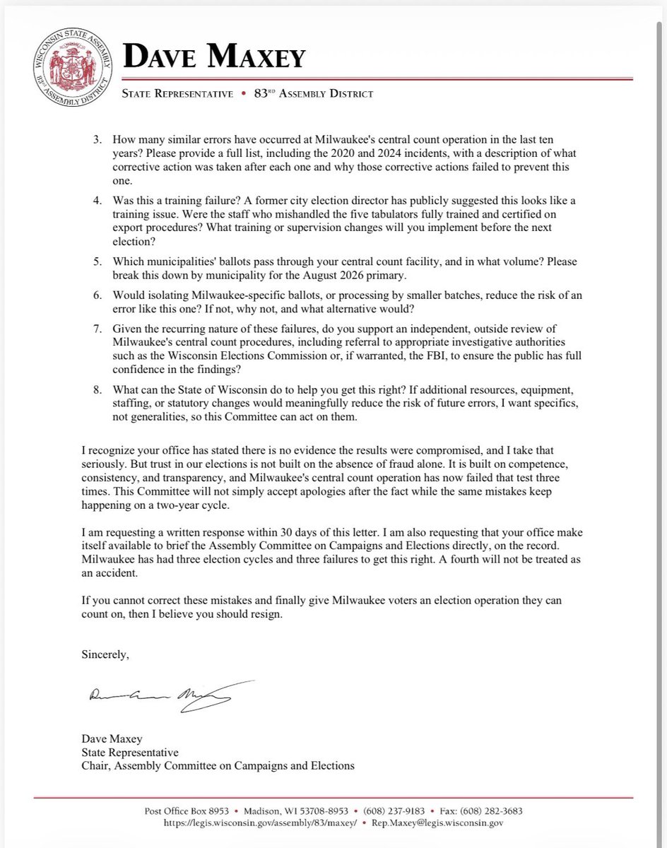 mattsmith_news's tweet photo. “If you cannot correct these mistakes … then I believe you should resign.” 

GOP Rep. Dave Maxey, chair of the Assembly elections committee, in a letter today requesting answers from Milwaukee election officials within 30 days about what happened at central count: https://t.co/ndiGaJCl2u