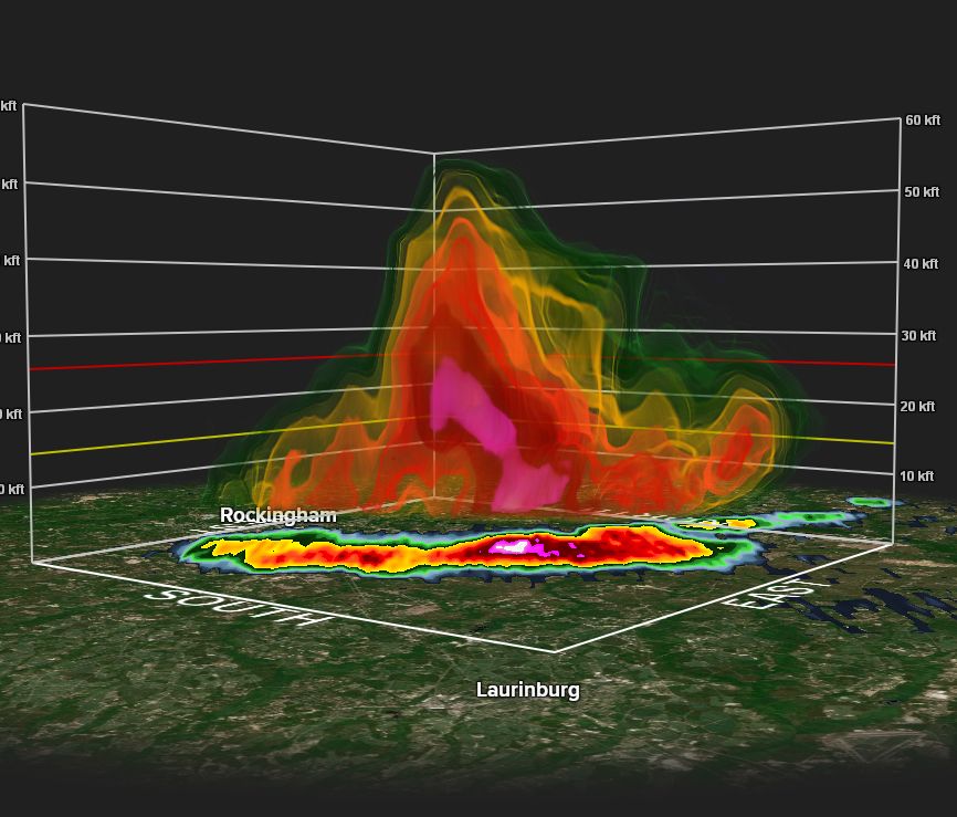 wxbrad's tweet photo. 12:38pm ET: That is a monster storm in Richmond Co. It's almost 56,000' tall with large hail likely. #ncwx https://t.co/m127VjSX8i