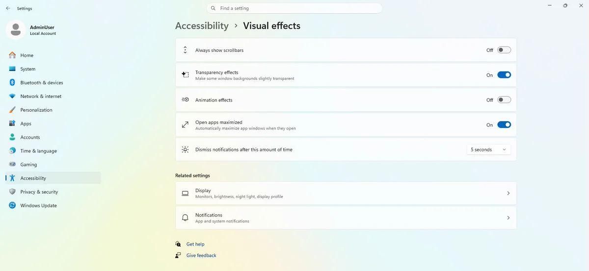 Accessibility settings showing new "Open apps maximized" feature