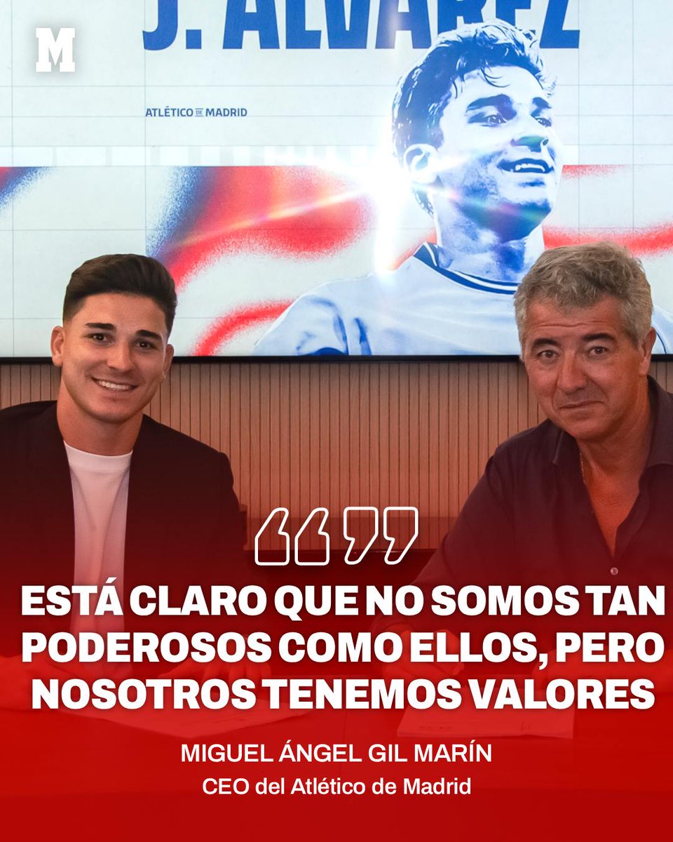 marca's tweet photo. 💥 Miguel Ángel Gil Marín contrataca por el 'caso Julián Álvarez' 💥

👉 Señala a sus "consejeros", al Barça y a "sus medios afines" 👈

🏟 El CEO del Atlético Madrid subraya que el equipo necesita al argentino

#fichajes #Barcelona #Atlético https://t.co/haavxqXGlT