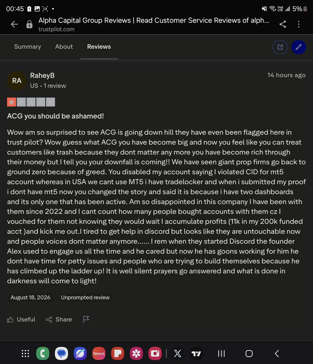 PropFirmScammer's tweet photo. Episode 6: Another user accused of CID violation.

On Trustpilot, many users have also had accounts banned for CID breaches these past two days.

ACG is likely using this nearly irrefutable accusation to aggressively drive away profitable traders. https://t.co/5eDE7RURmI