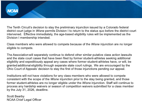 PeteNakos's tweet photo. NCAA statement on the 10th Circuit decision: "Institutions will not have violations for any class members who were allowed to compete consistent with the scope of the Wisne injunction prior to the stay being granted, and those former student-athletes are no longer eligible under the Wisne injunction."

https://t.co/V9jjMO7RVK