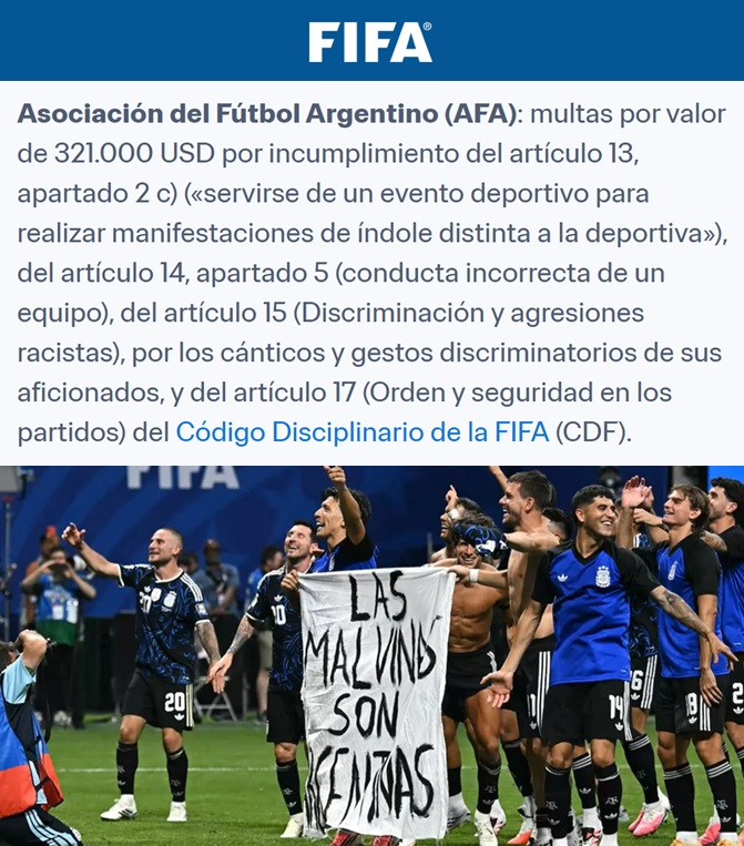 TTtucuman's tweet photo. "Malvinas": 
Porque la AFA recibió una multa de 321 mil dólares por realizar manifestaciones de índole distinta a la deportiva, conducta incorrecta de un equipo, discriminación, agresiones racistas y cánticos y gestos discriminatorios de sus aficionados https://t.co/TJ7bLaTQBJ