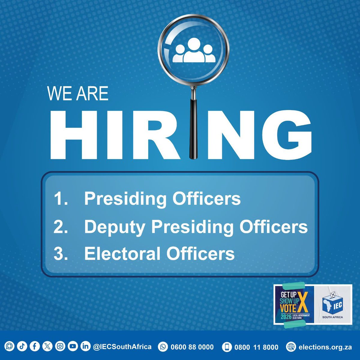 IECSouthAfrica's tweet photo. IEC Electoral Jobs: Apply Before 31 August 2026
 
The IEC is currently accepting applications for various positions ahead of the 2026 LGE

* Presiding Officers
* ⁠Deputy Presiding Officers
* ⁠Electoral Officers

Closing date: 31 August 2026

🔗 https://t.co/DxjZKogfx9 https://t.co/K3DbwgJl2X