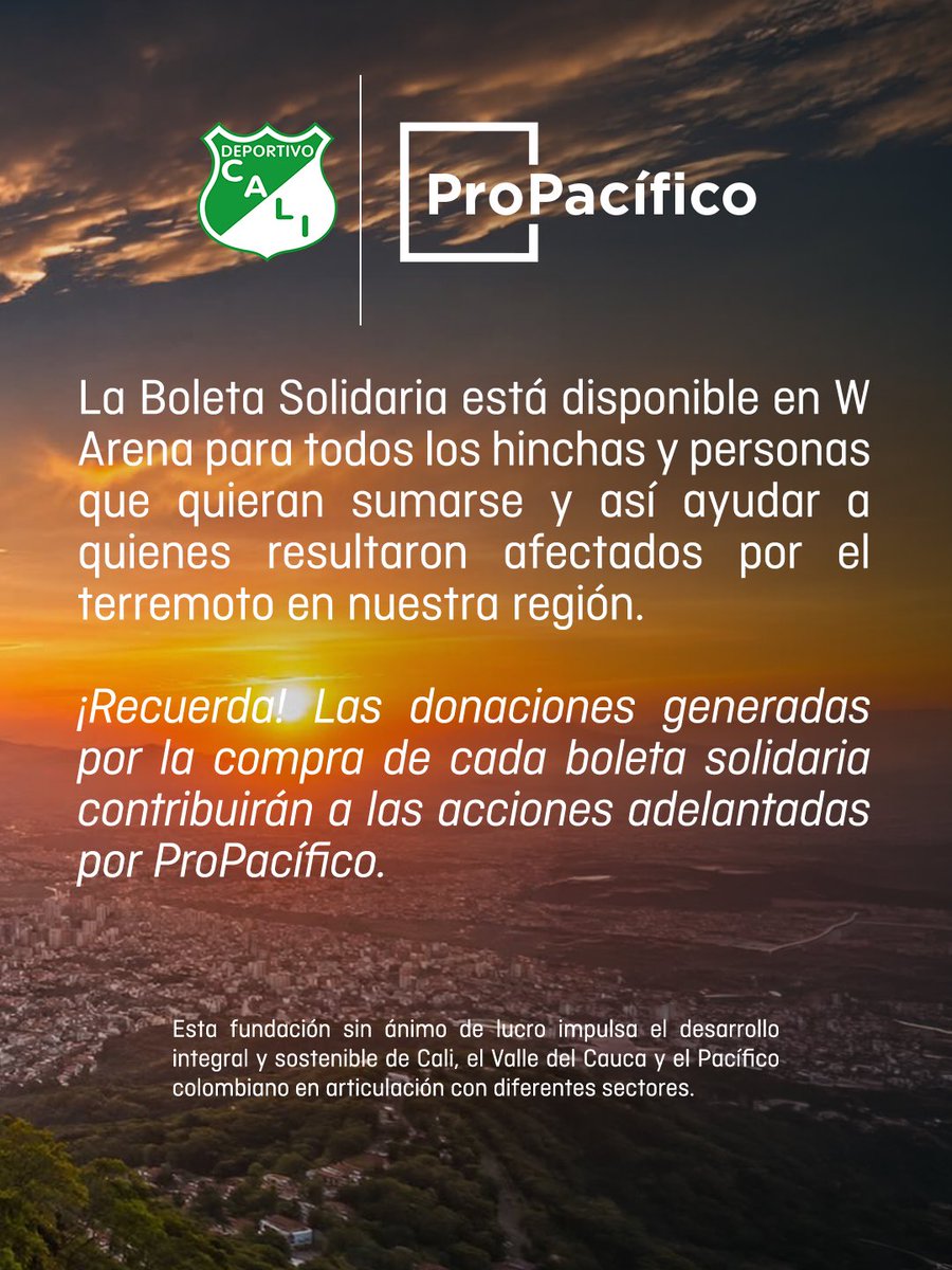 DeportivoCaliCP's tweet photo. Alianzas que suman esperanza. 🤍

Junto a @ProPacificoOrg nos unimos para llevar solidaridad a las familias afectadas por la situación que hoy vive el país. En el Deportivo Cali no somos ajenos a esta realidad y, por eso, seguimos buscando alianzas que nos permitan sumar, ayudar y llevar esperanza a quienes más lo necesitan. 💚

En https://t.co/TZU6C84tVG  encontrarás la Boleta Solidaria, con la que podremos aportar estas donaciones a nuestra fundación aliada y convertir la solidaridad en acciones que transformen vidas.

Bondad y solidaridad por el verde esperanza que portamos con orgullo. 💚

¡Somos #ElCaliconCali! 👏🏻