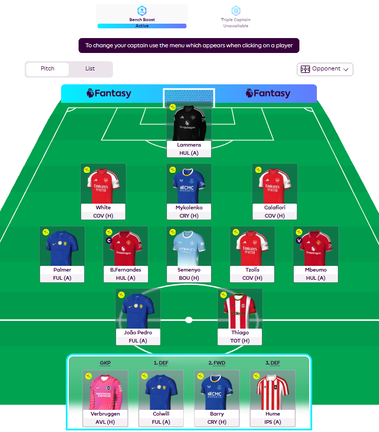 FPLAnSpecialOne's tweet photo. Here is my final FPL draft. Roast me as hard as possible.

Strategy is no Haaland and Bench Boost on GW1 and I will very likely Free Hit on GW3. Therefore, I am optimising for GWs 1, 2 and 4, as it is also possible that I could Wildcard in GW5 if Haaland becomes insanely essential, and if it becomes clearer who the cheap gems are.

Therefore, triple Arsenal, triple Chelsea, triple Man U, double Everton + Verbruggen, Hume, Semenyo and Thiago.

🔴⚪Triple Arsenal: White seems the safest option with Timber out for enough time. Calafiori is a minutes risk, but he is better than Mosquera due to Konsa possibly taking over at CB from GW2. Tzolis is the fun new toy, who proved himself in preseason and the community shield.

🔵 Triple Chelsea: I am a Chelsea fan and Chelsea have great fixtures GWs 1, 2 and 4. I think Palmer is essential, now that he is properly fit again (he was injured essentially all of last season, but tried to play anyway) and Joao Pedro needs no explanation. Colwill is the safest defence choice - long term I can see myself switching to Palestra or Rogers if they prove that they will get the minutes and the points.

🔴⚫ Triple Man U: Bruno Fernandes and Mbeumo need no explanation. Mbeumo has been on fire and will start up front. Lammens is the defensive asset that just fitted around the rest of my team, could have been Maguire.

🔵⚪ Double Everton: Here is where my differentials are at! Mykolenko is the cheapest way into Everton's defence, but mostly I wanted to attack a weak Crystal Palace side for the opening game. Shocked to see Thierno Barry have only 1% ownership as their clear starter this season and a bit cheaper than the 6M forwards.

🔵⚪ Verbruggen: I have an irrational aversion to Brighton players. But when I had to choose a 4.5M GK for BB1, I couldn't look past their home fixture to an Aston Villa side that can barely field a team. This is not a Brighton pick - it is an anti Aston Villa pick.

🔴⚪ Hume: Shocked at his pricing at 4.5M. He started more premier league games for Sunderland than any other player last season, and can play in absolutely any positon. Le Bris loves him, and he had a great pre-season.

🔵⚪ Semenyo: Since Semenyo joined City in January, Haaland's points dried up a lot as Semenyo started sharing the goals with him. He is absolutely essential, regardless of whetehr or not you have Haaland.

🔴⚪ Thiago: Big chance Brentford pass it forward and tap it across goal for simple tap-ins and Thiago is their only striker, and he is on penalties. He will score more than 20 goals again.