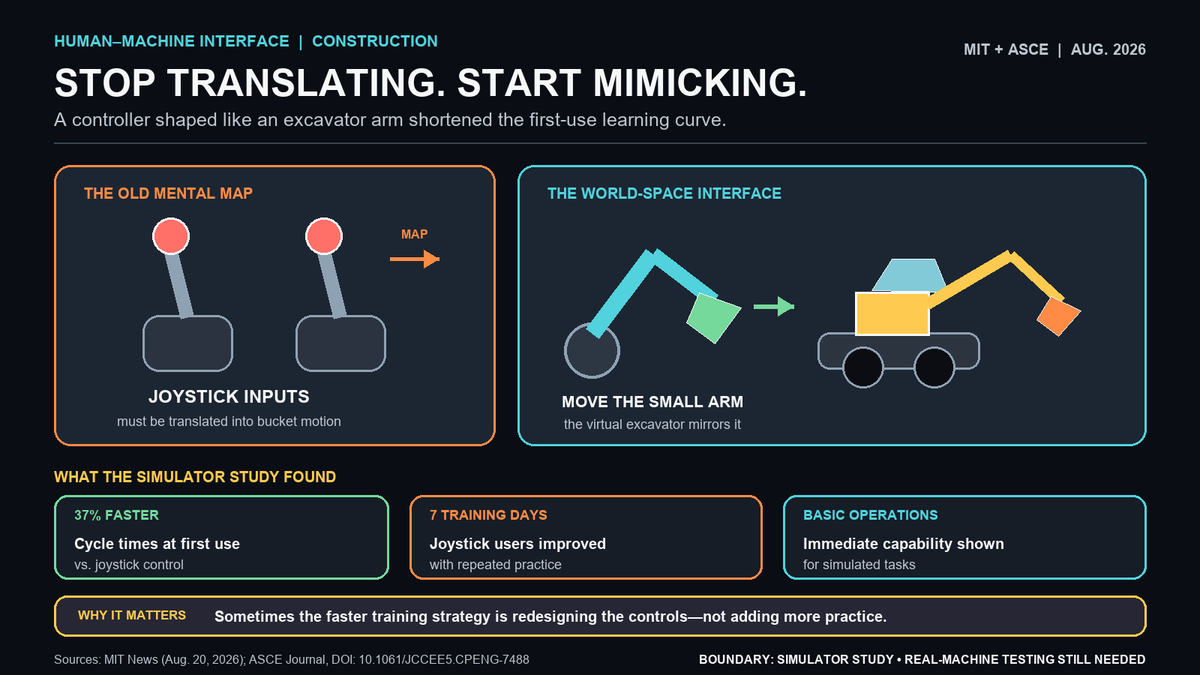 TruthSeeker6174's tweet photo. Two joysticks make an excavator feel like a puzzle. MIT researchers tried a miniature arm-and-bucket controller instead. In a simulator, first-time users completed cycles 37% faster than with joysticks—promising for training, but not yet proof on real machines. Source: ASCE/MIT https://t.co/W8kkNqgBnR