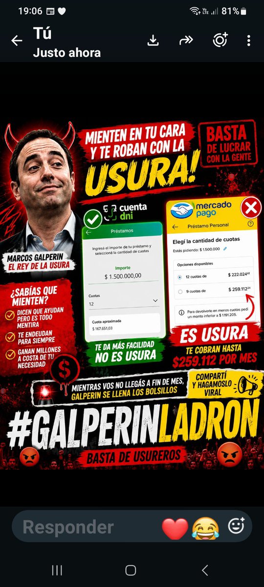PepinoElBreveok's tweet photo. Mientras la gente le paga a #GalperínLadrón hasta el 1.378% anual de intereses, él se la lleva por la canaleta al Uruguay! https://t.co/P01JHYKmHI