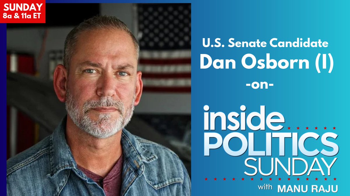 InsidePolitics's tweet photo. SUNDAY 8a & 11a ET: Can an independent candidate win in a deep red state? @mkraju goes one-on-one with Nebraska independent U.S. Senate candidate Dan Osborn. #InsidePolitics @osbornforne https://t.co/Ar7AuWbLl0