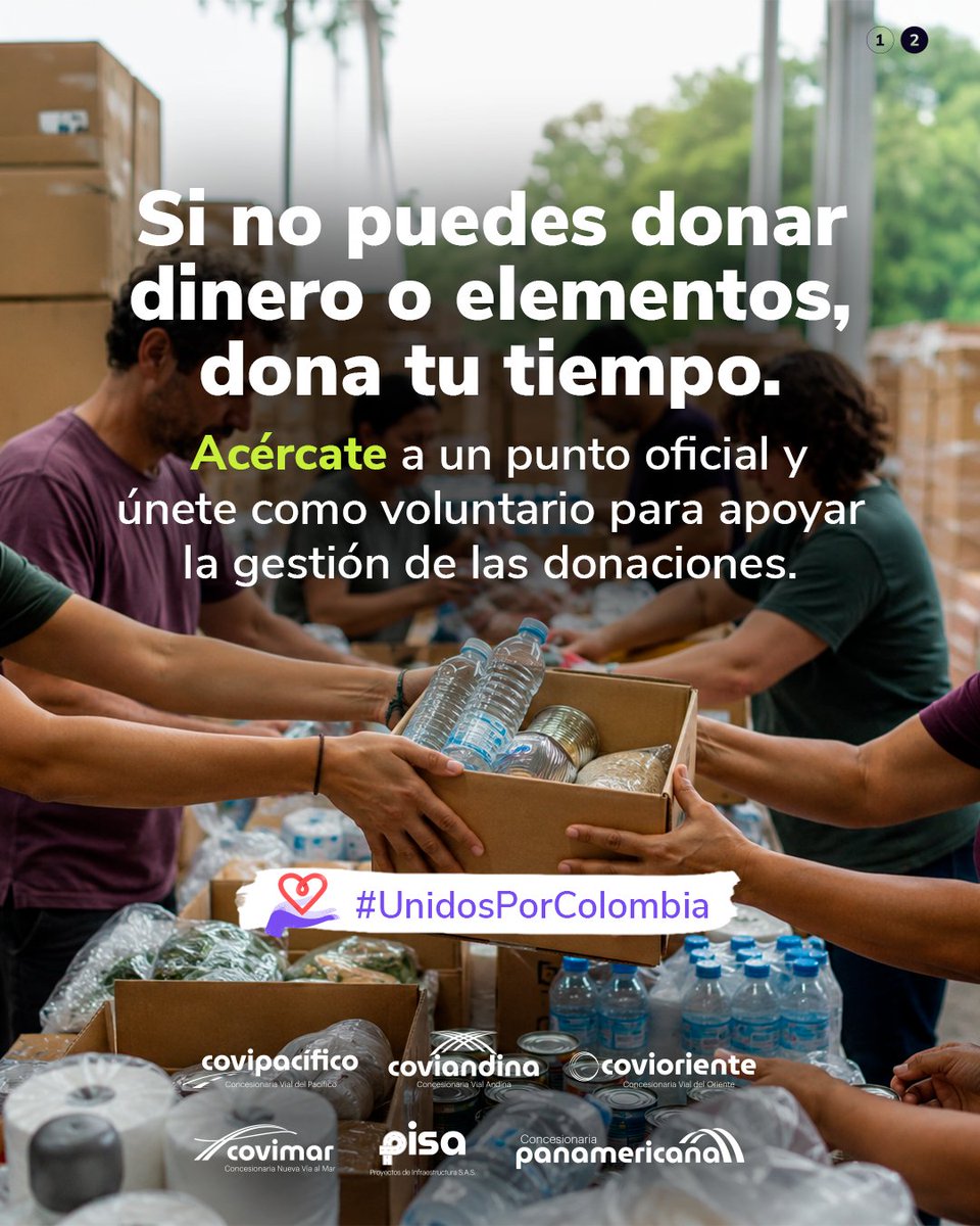 somosproindesa's tweet photo. Tu tiempo también puede convertirse en ayuda. ❤️

🤝 Desde Proindesa y las sociedades del portafolio de infraestructura estamos #UnidosPorColombia. Súmate como voluntario en los centros de acopio habilitados para apoyar a las comunidades afectadas por el terremoto. https://t.co/IsT2SsGFoM