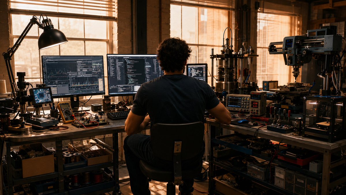 Jacob_Weimer's tweet photo. Better version of peter parker’s office. 

Including soldering station, oscilloscope, bench power supply, digital microscope, multimeter, small drill press, 3D printer, parts bins https://t.co/YdDoxLO7TD