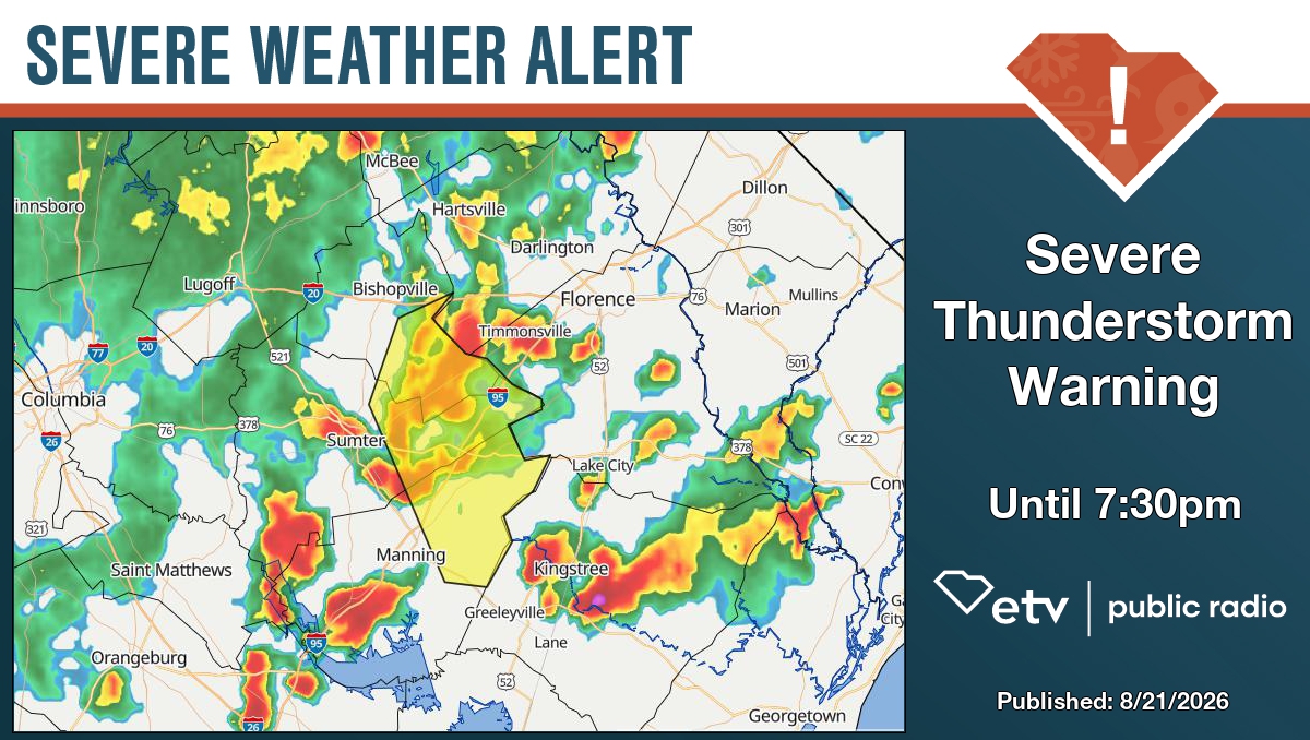 SCETV's tweet photo. Severe Thunderstorm Warning for Clarendon, Lee, and Sumter County until 7:30pm. Details at https://t.co/IQTP8dNE0V #SCWX https://t.co/Znk1ig4pZ3