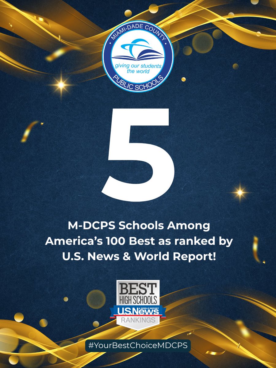 SuptDotres's tweet photo. Big news! 5 @MDCPS schools earned a spot in the Top 100 Best High Schools in the nation according to the latest @usnews rankings! Congratulations to @mastfiubbc (#31), @josemartimast (#55), @iPrepAcademy (#86), @TerraWolves (#87), and @DASHphantoms (#96) for this incredible national recognition. On top of that, 15 of our schools rank among the absolute best in Florida!  Read more: https://t.co/qVpMaau6TO
#YourBestChoiceMDCPS