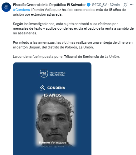 teledos_tcs's tweet photo. #TL2 | El Tribunal de Sentencia de La Unión condenó a 15 años de prisión a Ramón Velásquez por el delito de extorsión agravada.
De acuerdo con la Fiscalía General de la República (FGR), el hombre contactaba a las víctimas por medio de mensajes de texto y audios donde les exigía el pago de la renta a cambio de no asesinarlas.
Por miedo a las amenazas, las víctimas realizaron una entrega de dinero en el cantón Boquin, distrito de Polorós, La Unión Norte.
Vía: FGR.
