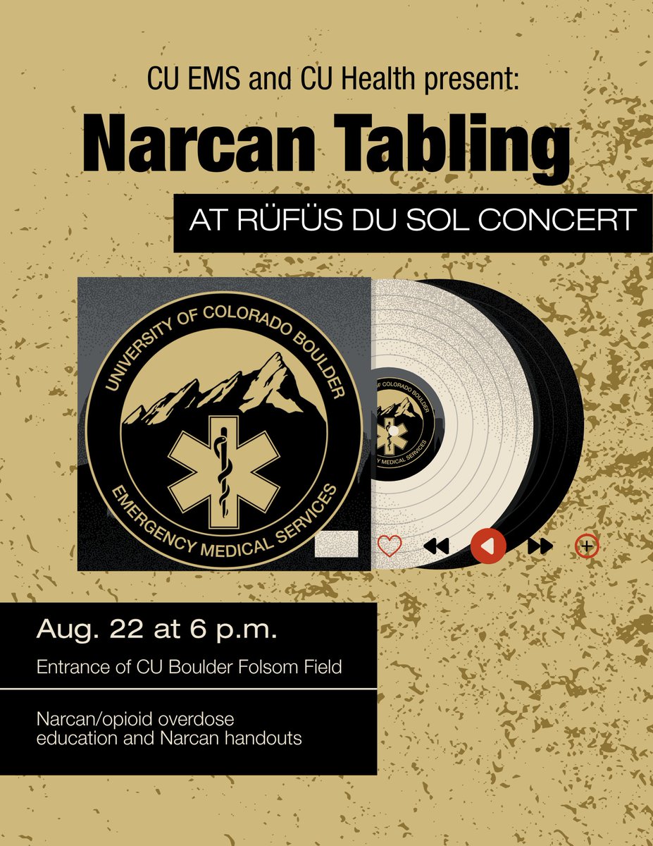 CUBoulderDPS's tweet photo. Take a minute to save a life. CU EMS will be at the entrance of Folsom Field offering free overdose response training and Narcan. Overdoses happen, and every second counts. Stop by, get prepared and help keep our community safe.

#EMS #overdoseprevention #drugawareness #Narcan https://t.co/LgM18si1vu