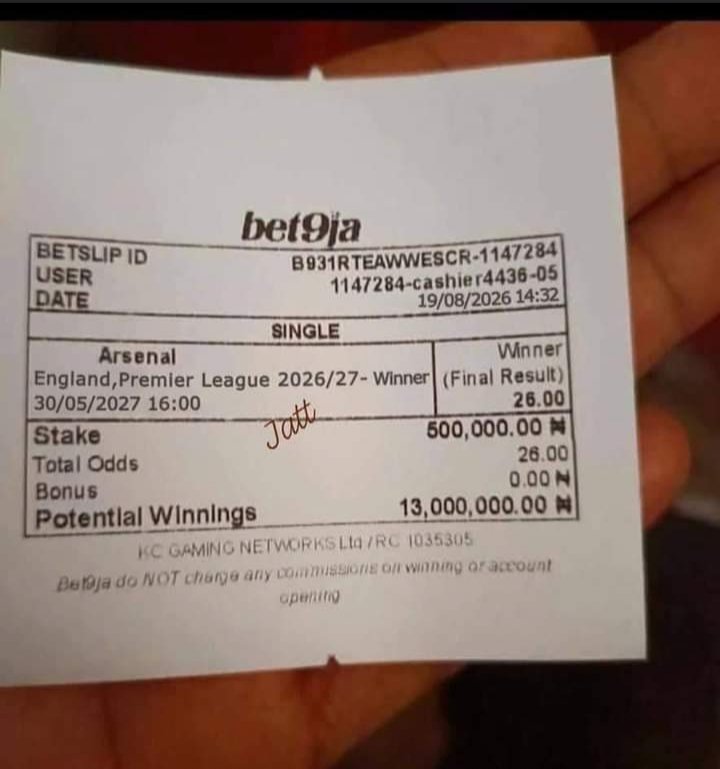 ChineduOko31173's tweet photo. Omo! This Jatt stake ₦500K on Arsenal to win PL at 26.00 odds to win ₦13M for Bet9ja 

na confidence or craze? 😭 https://t.co/qR9vep2TCo