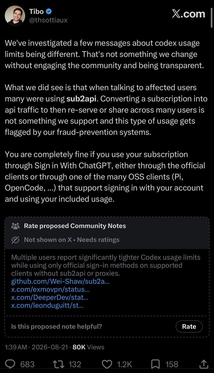 ns123abc's tweet photo. Tibo got community noted after FULLY denying the nerf ever happened and instead blamed users for fraud, but the screenshot of the note went viral anyway 

So then he made another follow up post partially admitting it did happen, saying they’re “investigating” 

But I suspect he added the word “BANKED resets” so people forget about the gaslighting and normies turbo like the post and make it viral 

To maintain the illusion amongst the masses that OpenAI are the good guys who would never do such a thing 

Narrative control