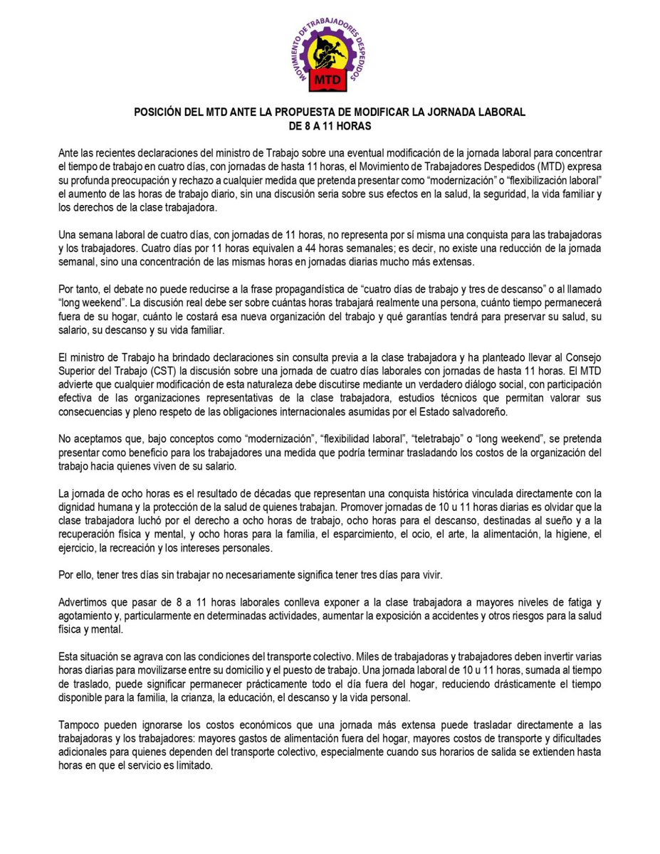 MTD_OficialSV's tweet photo. 📢 El MTD rechaza jornadas de 10 u 11 horas y exige avanzar hacia una verdadera reducción de la jornada laboral, sin reducción salarial.

✊ Los derechos laborales son conquistas, no concesiones. https://t.co/w9Zxo9BDXZ