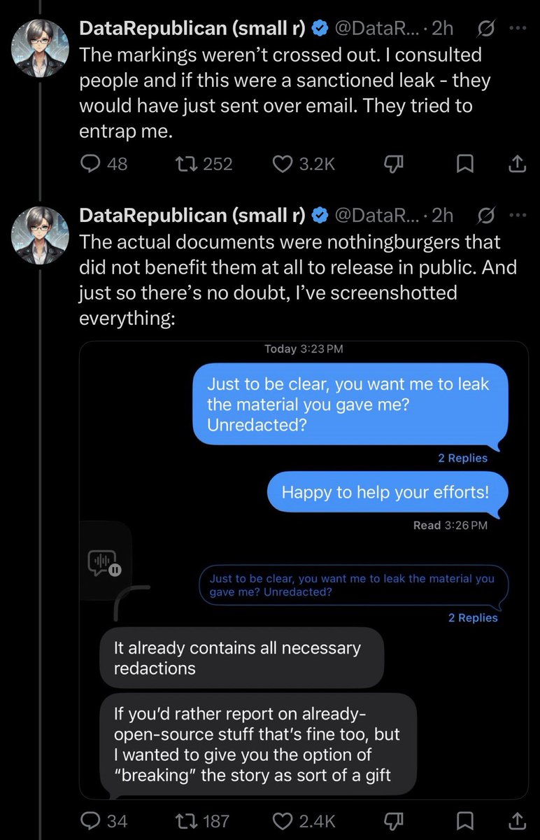 damintoell's tweet photo. Wild thread where DataRepublican accuses the “deep state” of entrapping her to leak classified information and then the Under Secretary for Public Diplomacy at the State Department replies with an absolutely endless thread that starts with “lol” https://t.co/SR9Qh86ErC