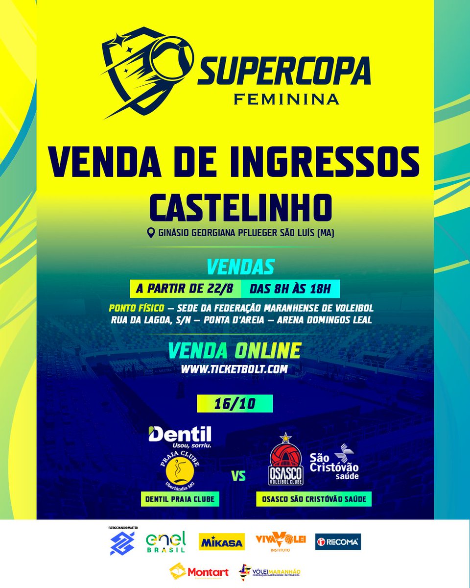 volei's tweet photo. A Supercopa feminina 2026 vem aí! 🏐
No dia 16 de outubro, o Castelinho, em São Luís (MA), recebe a disputa que abre a temporada de clubes do vôlei brasileiro: É Dentil Praia Clube x Osasco São Cristóvão Saúde!
#CBV #vôlei #SuperCopa https://t.co/zznAbLH8Uw
