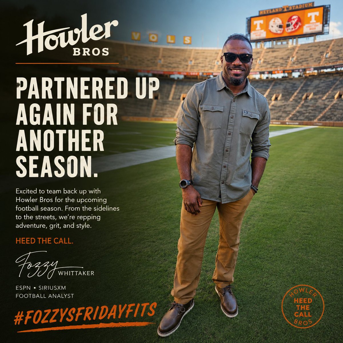 FozzyWhitt's tweet photo. Partnering up with Howler Bros again for another football season! 🔥 The gear, the game days, and the Friday fits are all coming together! I can’t wait to rep Howler Bros all season long. 🤠🏈
#HowlerBros #FozzysFridayFits #FootballSeason #GameDay #HeedTheCall https://t.co/x73PgiqaCy