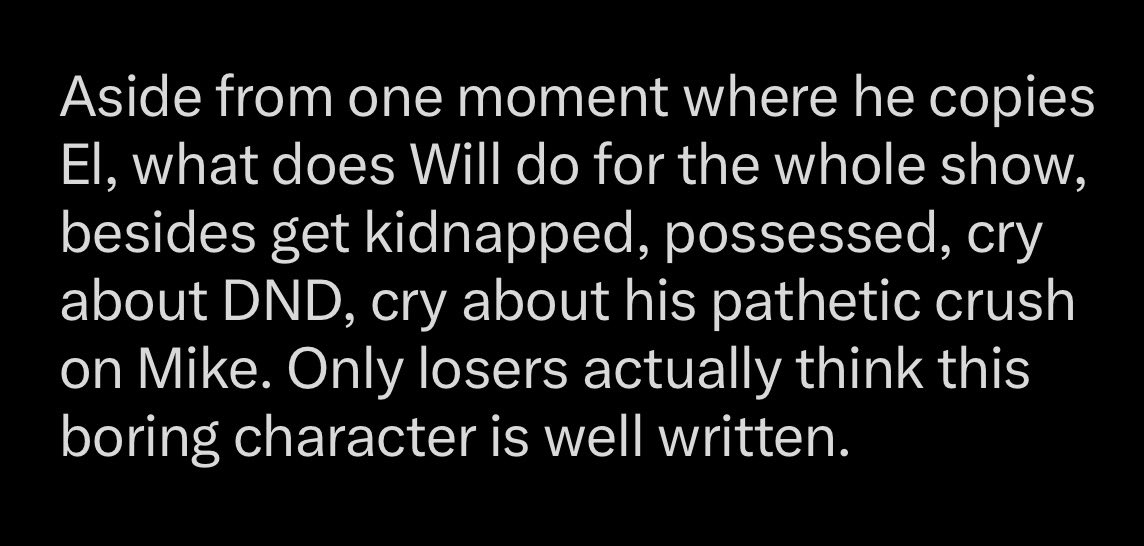 faken_john's tweet photo. What a braindead take, only a Will Stan would say El has little character development. She goes from a timid isolated girl, to a confident hero, who learns more about herself, forms genuine bonds with others and stands up to her oppressors. https://t.co/HcTQa0BBsu