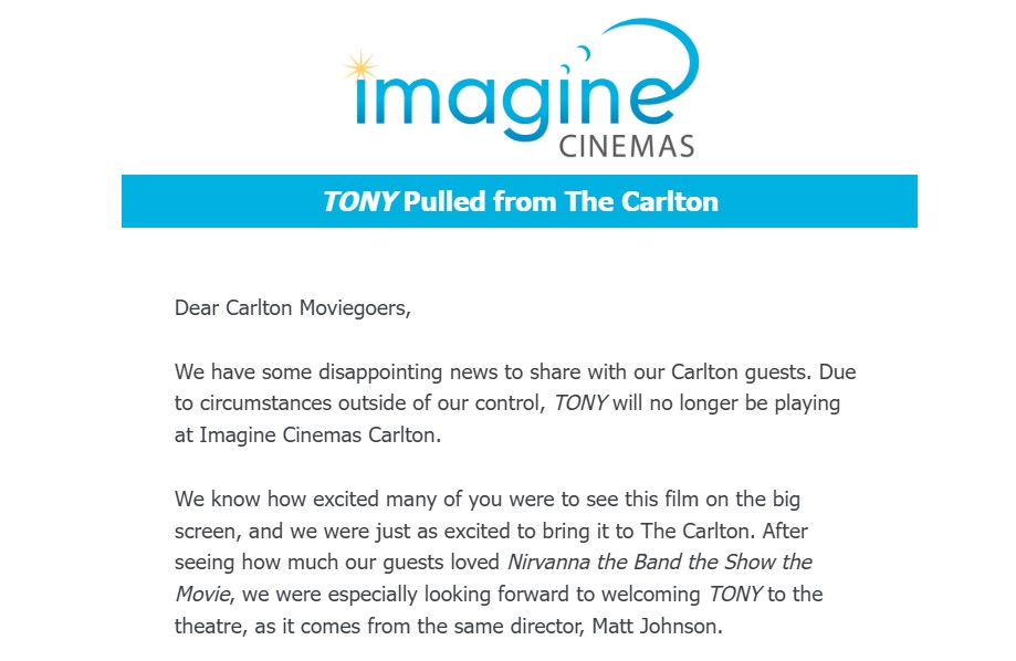 HertzBarry's tweet photo. NEW: Imagine Cinemas Carlton says A24 has withdrawn Matt Johnson's TONY "due to antiquated 'clearing' practices, ones that still exist in Canada because of the hegemonic theatrical exhibition market share." Worth noting that NIRVANNA was huge hit for Carlton, playing for months. https://t.co/ygFm2vmG01