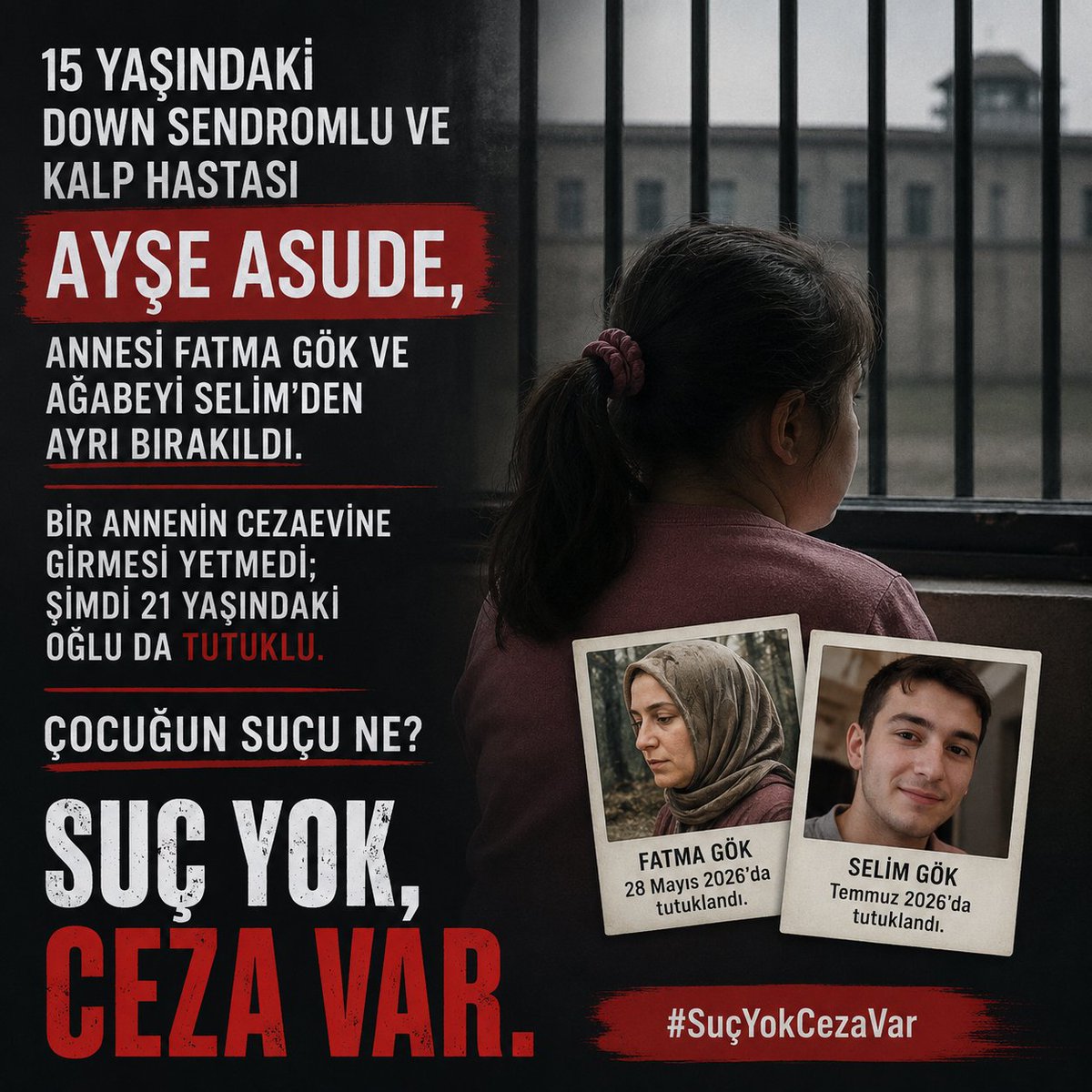 mosquitoo35's tweet photo. @OrtakVicdanim 15 yaşındaki Down sendromlu ve kalp hastası Ayşe Asude, annesi Fatma Gök ve ağabeyi Selim’den ayrı bırakıldı.

Bir annenin cezaevine girmesi yetmedi; şimdi 21 yaşındaki oğlu da tutuklu.

Çocuğun suçu ne?

SuçYok CezaVar https://t.co/AVXWM56bgx