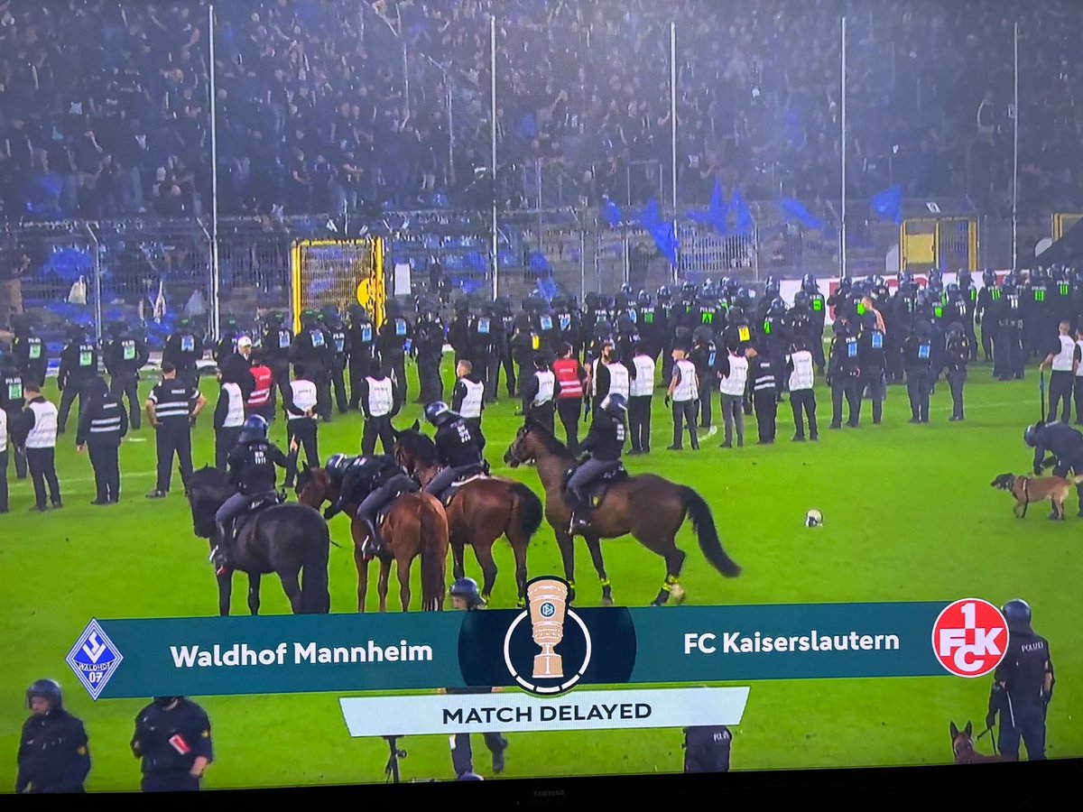 GGFN_'s tweet photo. Quite the scenes in the Südwestderby DFB Pokal clash between Waldhof Mannheim and Kaiserslautern. Police dogs and horses on scene after players scrap with flares on the pitch after Mannheim ultras burnt a stolen Kaiserslautern flag. https://t.co/wYETTyAyA9