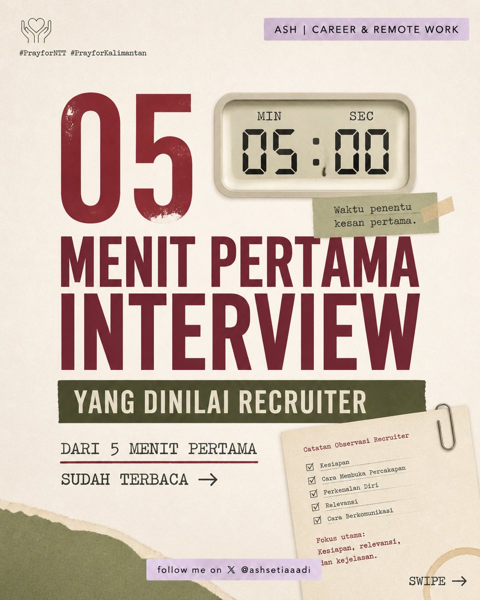 ashsetiaaadi's tweet photo. 5 menit pertama interview, lo itu udah dinilai.

👀 Recruiter langsung nilai kesiapan &amp; cara buka percakapan.
💬 Perkenalan diri, relevansi &amp; cara komunikasi juga langsung kebaca.

Fokusnya cuma 3: kesiapan, relevansi, dan kejelasan. 👇 #CareerTips https://t.co/ivzB86E6pw