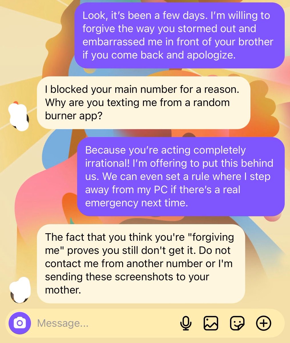 awwheyuu's tweet photo. I gave her three days to cool off and sent a fair compromise, but she blocked my number. It’s crazy how some people would rather ruin their future than admit they overreacted 🤦‍♂️ https://t.co/NwnraAPWaT