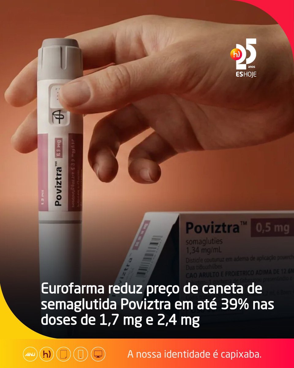 eshoje's tweet photo. A Eurofarma reduziu os preços do Poviztra, medicamento para obesidade, que agora custa R$ 829 e R$ 1.169. 🏷️ Essa mudança visa facilitar o tratamento e ajudar mais pessoas.🌟
Quer saber mais sobre isso? Confira em ES Hoje
#semaglutida #obesidade #eshoje
https://t.co/yWguq2BmjC https://t.co/Sj6g06u8nh