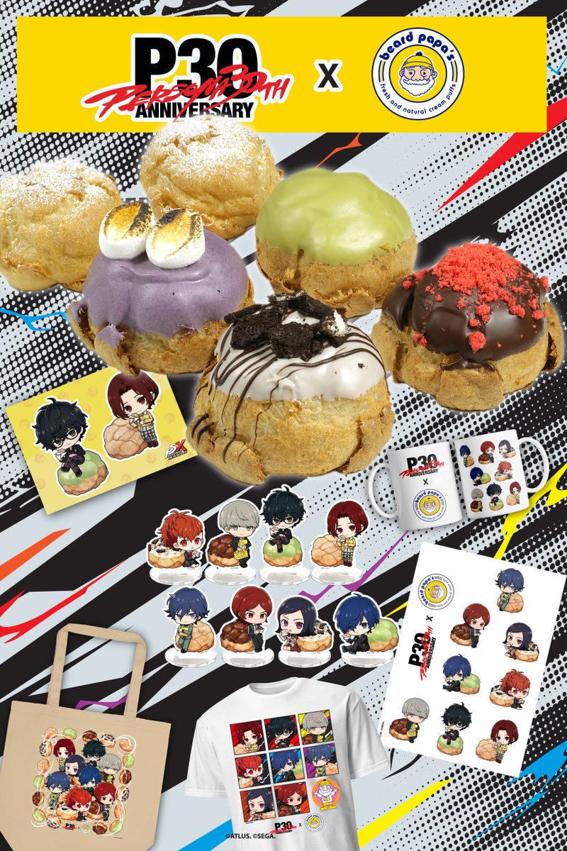 BeardPapasUSA's tweet photo. Persona X Beard Papa's! Limited-time cream puffs &amp; FREE gifts. ✨ Exclusive collectible standees &amp; gifts. In-game rewards. Limited-edition merch. Persona™ 30th × Beard Papa’s | Sept. 4–Oct. 4