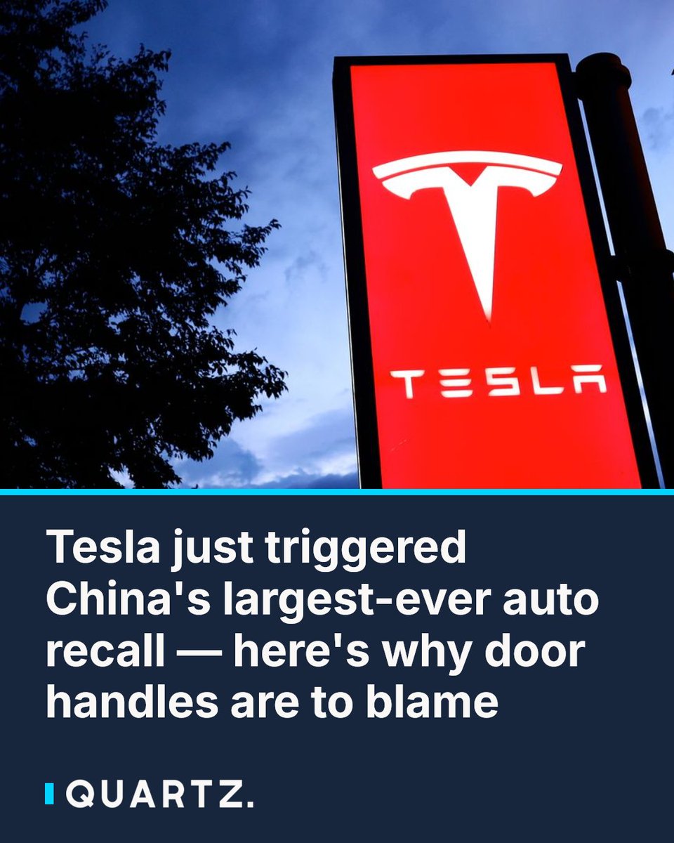 qz's tweet photo. Tesla just triggered China's largest-ever auto recall — here's why door handles are to blame: A fatal crash last year involving a Xiaomi EV whose doors bystanders couldn't open has pushed China to act, resulting in a record 4.3… https://t.co/l8LAAbXz32 #Tesla #EVRecall https://t.co/EZQmKb0Qdj