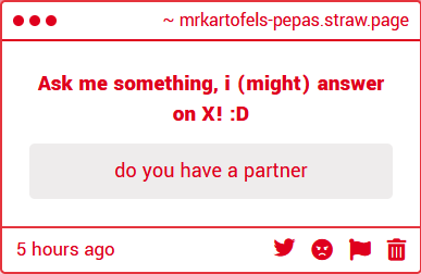 pepa21152's tweet photo. That question is kinda personal ngl-
But, as for now i do not have a partner, because im too scared to be in a relationship-.. ^_^ https://t.co/Ovjwk2Qqx9