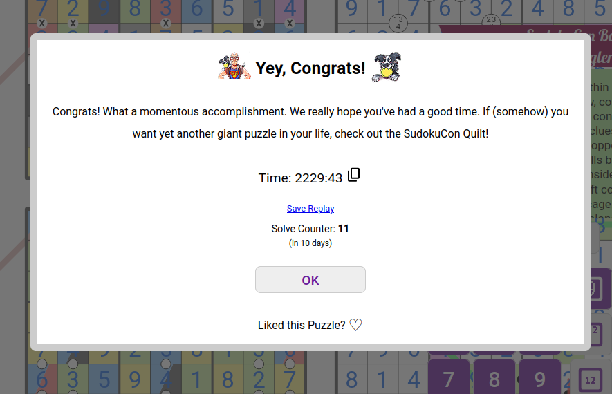 cnico's tweet photo. Just finished the enormous SudokuCon Banner sudoku

https://t.co/9eY7pCsnyj

just 1 outside of the top10 😅😅😅

#sudoku https://t.co/lPV3fL4Utd