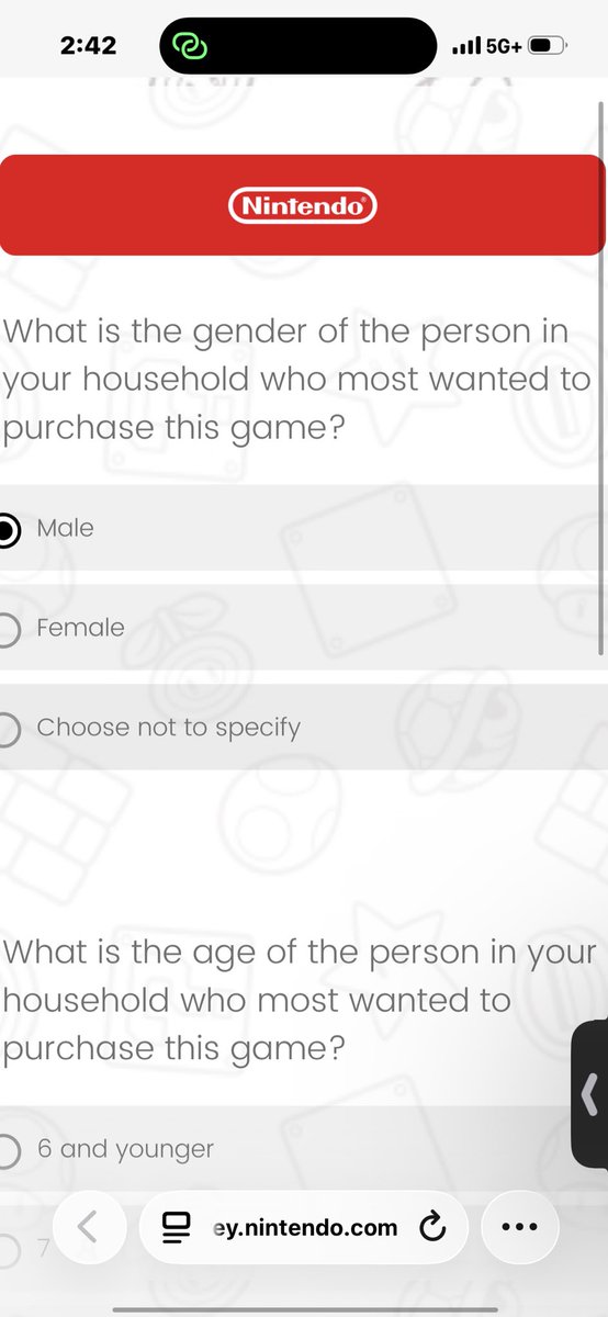 HarmanSmith64's tweet photo. Official Nintendo survey has removed ‘non-binary’ as an option. https://t.co/6rcFhSKH1E